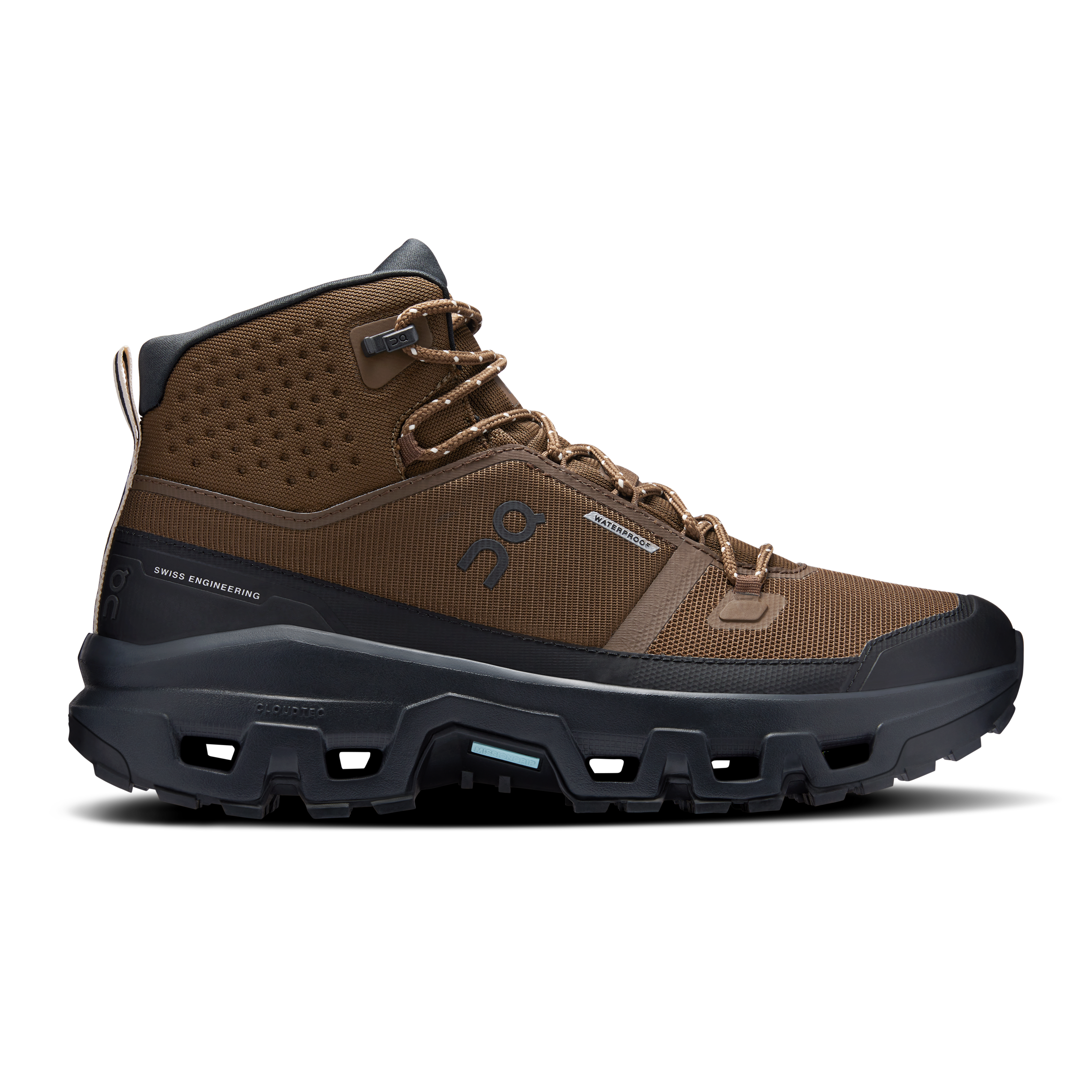 On Cloudrock Mid Waterproof Earth & Black Men – Hiking, Missiongrip™, waterproof Shoes