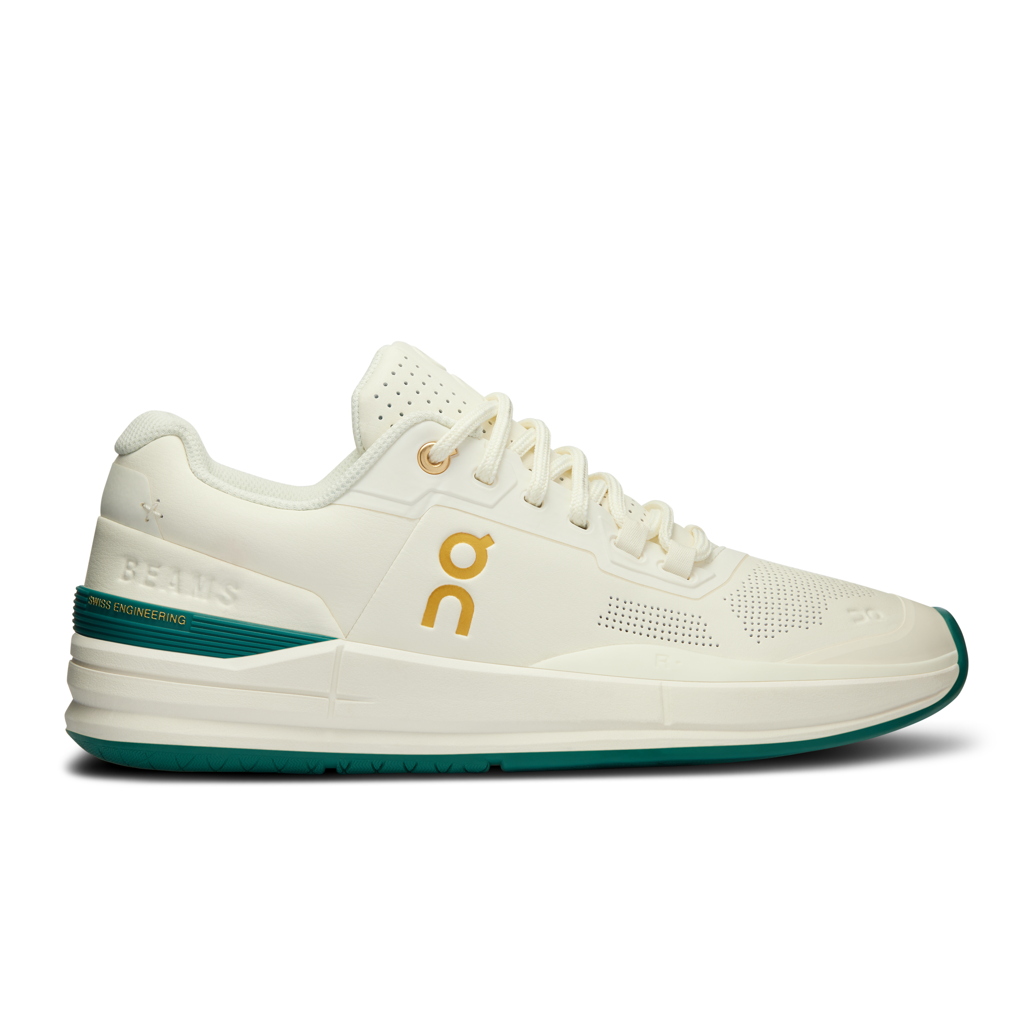 On THE ROGER Pro Beams Ivory & Evergreen Women – Tennis inspired, street style, limited edition Shoes