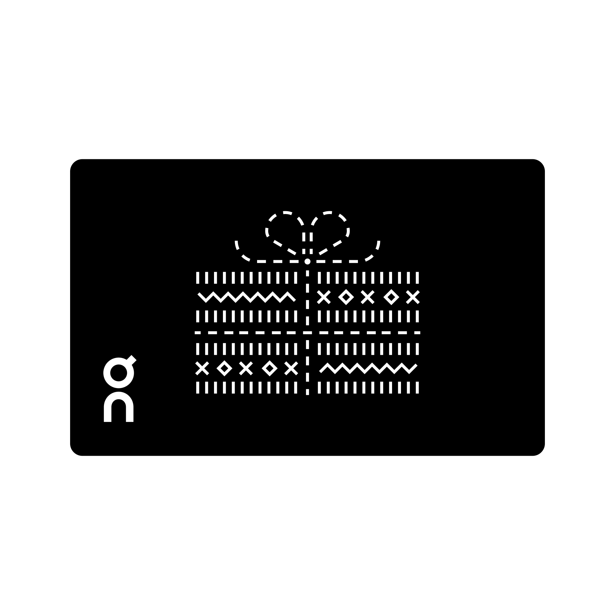 Digital gift card with white gift box and bow on a black background, featuring the 'On' logo in the bottom left.