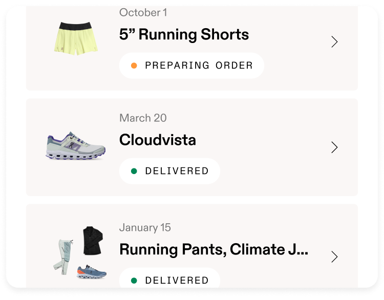 The On app showing an order history list